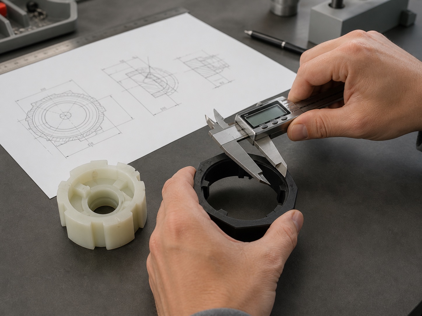 Manufacturing review of a molded component against a drawing