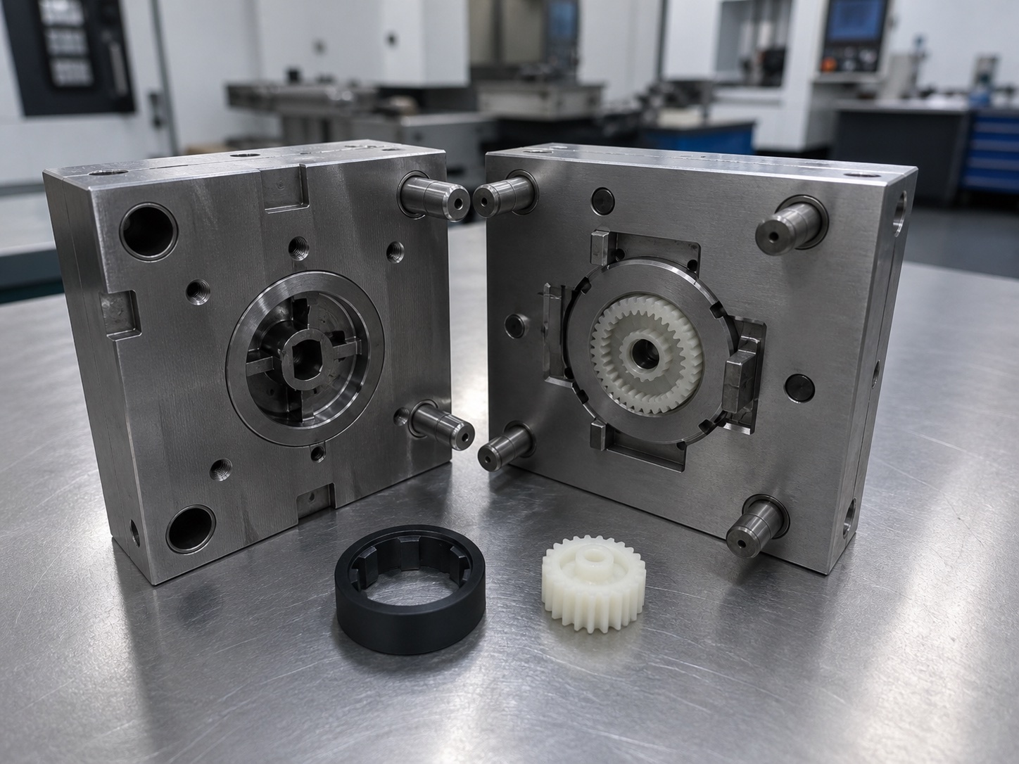 Open injection mold with molded component samples