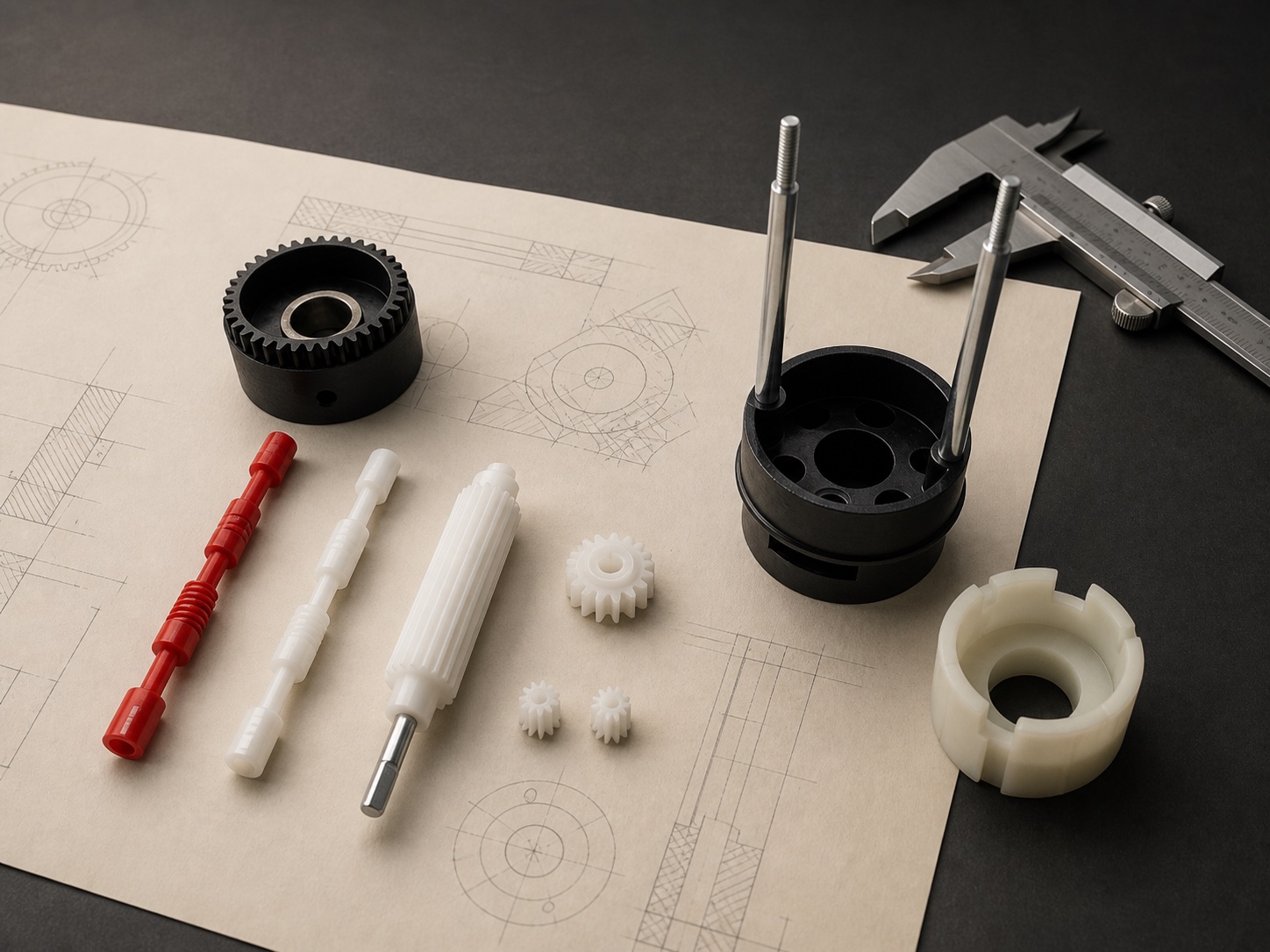 Product development worktable with drawings and molded component references