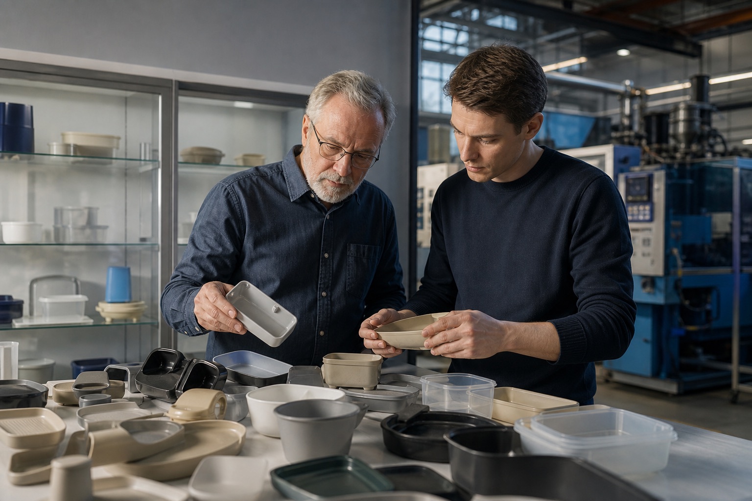 Experienced manufacturing specialist sharing plastic product knowledge with a younger coordinator